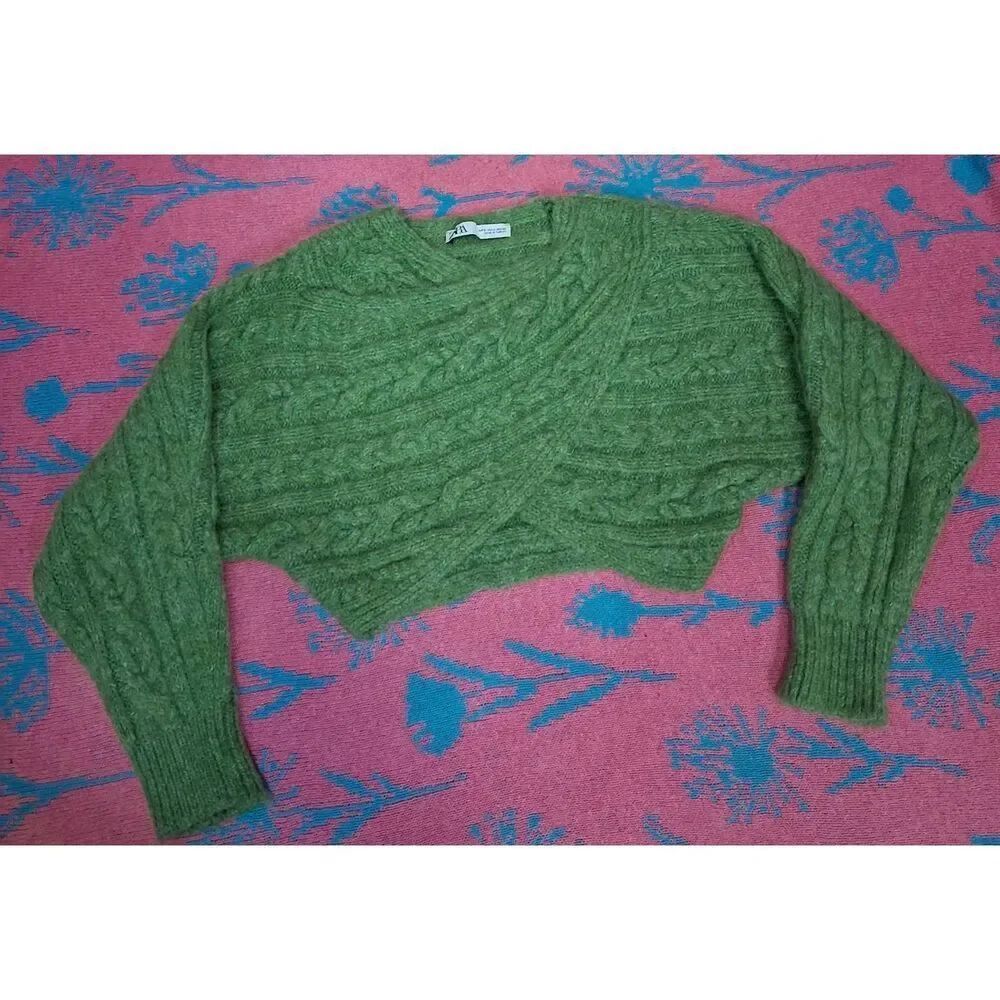 Zara womens small cable cropped sweater alpaca wool green soft texture